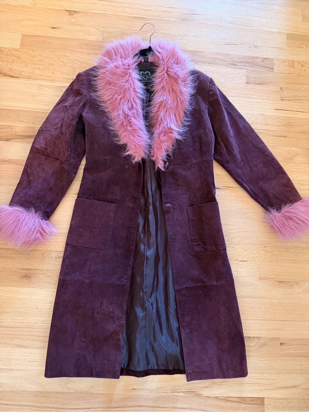 XOXO Plum Suede Trench Coat with Pink Faux Fur Trim